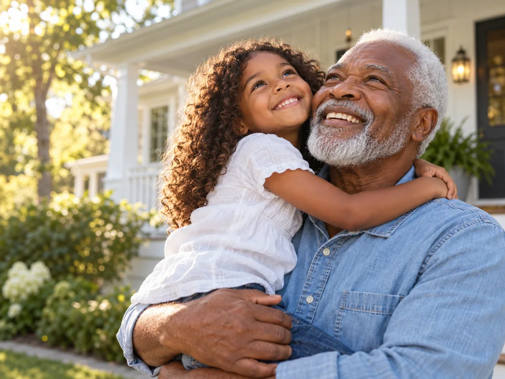 A smiling grandfather holding his granddaughter outside their home.