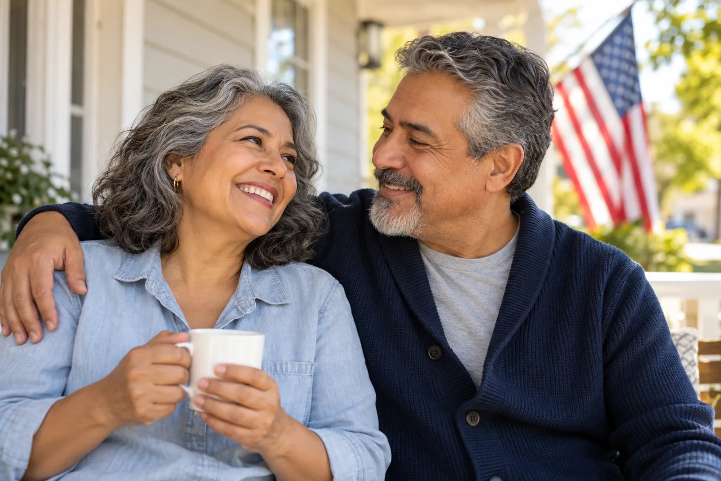 A couple enjoying a quiet moment together on their front porch.